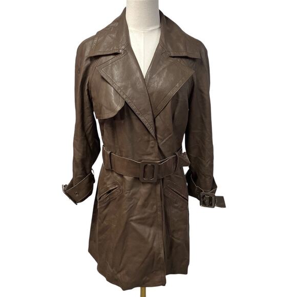 Bebe‎ Leather Brown Belted Trench Coat Womens Medium 70's Spring Steampunk